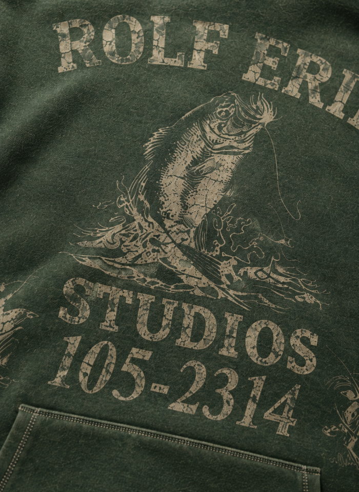 Fish Hoodie chest embroidery detail — Rolf Erik Studios