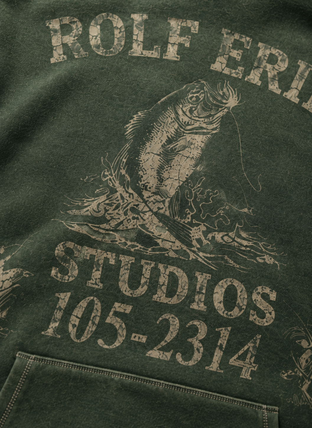 Fish Hoodie chest embroidery detail — Rolf Erik Studios